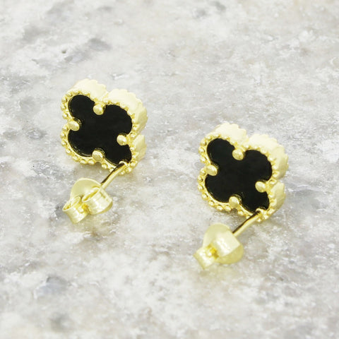 Four Leaf Clover Black Stone Stud Earrings GVL030