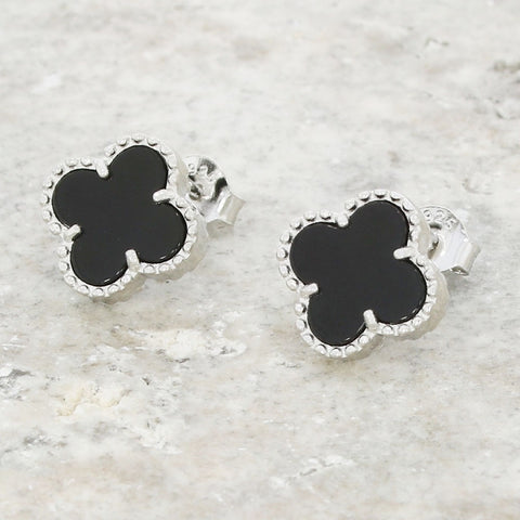 Four Leaf Clover Black Stone Stud Earrings GVL034