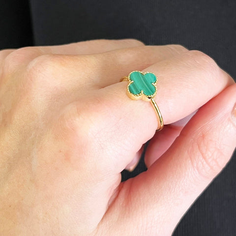 Four Leaf Clover Sterling Silver Ring Gold Tone Green Stone GVL039