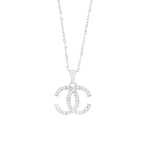 Sterling Silver Double C Cubic Zirconia Pendant and Chain GVL047