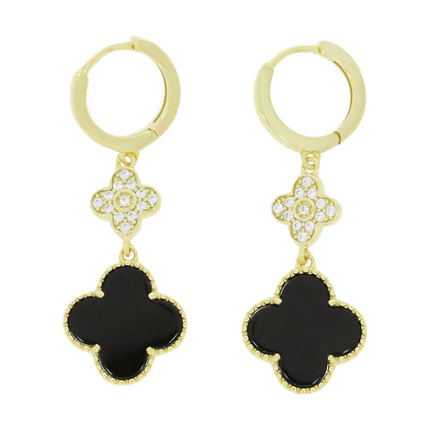 Four Leaf Clover Gold Plated Black Stone Huggie Earrings GVL060