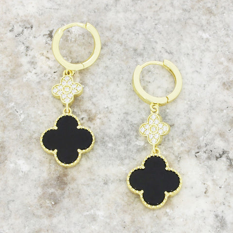 Four Leaf Clover Gold Plated Black Stone Huggie Earrings GVL060