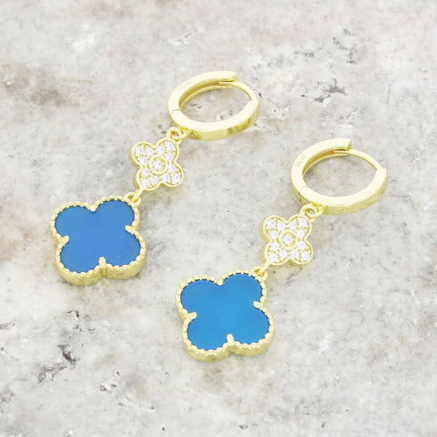 Four Leaf Clover Gold Plated Blue Stone Huggie Earrings GVL068