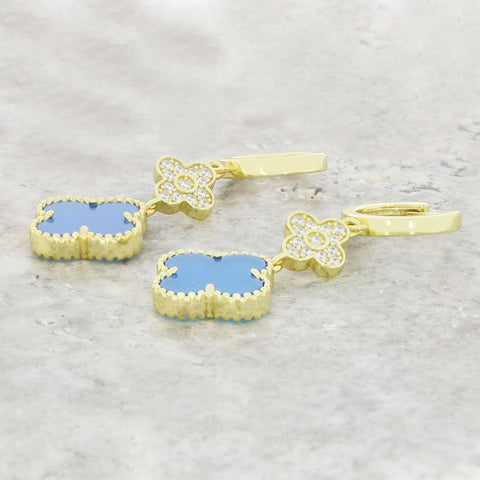 Four Leaf Clover Gold Plated Blue Stone Huggie Earrings GVL068