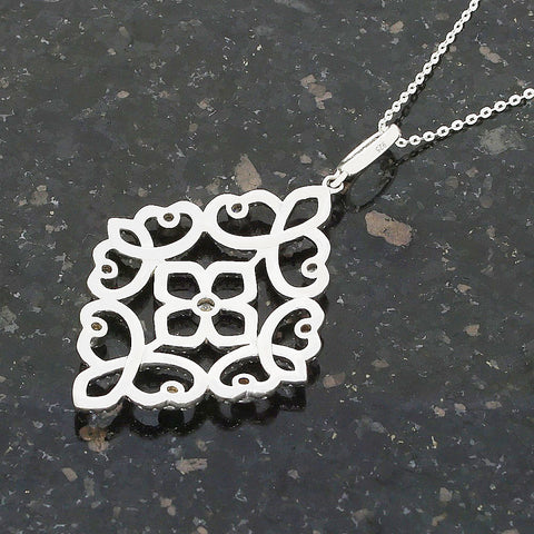 Sterling Silver Cubic Zirconia Filigree Pendant & Chain