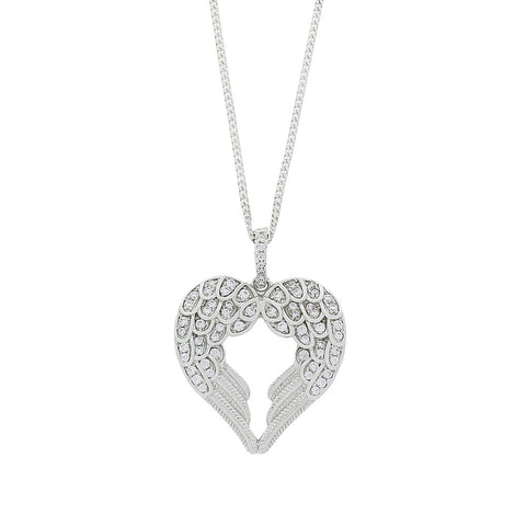 Sterling Silver Cubic Zirconia Heart Double Angel Wing Pendant & Chain