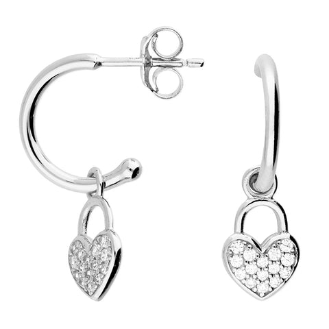 Sterling Silver Ladies Padlock Heart Charm Stud Hoop Earrings