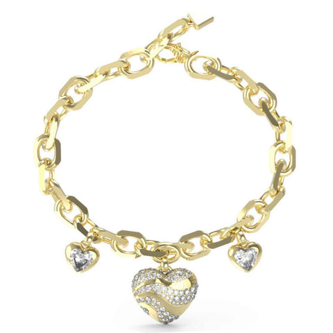 Guess Gold Tone Crystal Set Hearts Charm Bracelet JUBB04500JWYGL