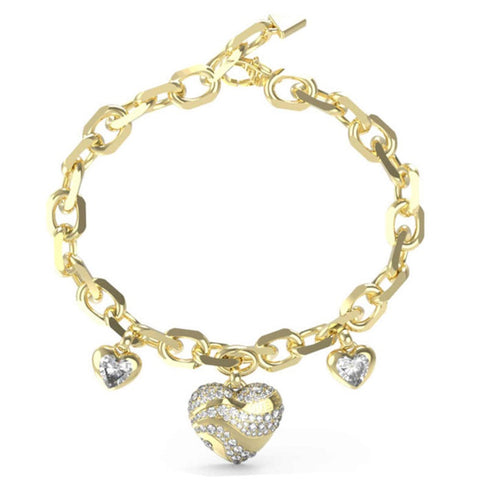 Guess Gold Tone Crystal Set Hearts Charm Bracelet JUBB04500JWYGL