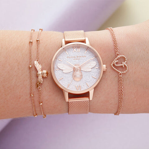 Olivia Burton Glitter Dial Lucky Bee Rose Gold Ladies Watch OB16FB04