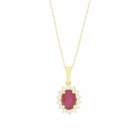 18ct Yellow Gold 1.27ct Ruby and 0.26ct Diamond Cluster Pendant and Chain
