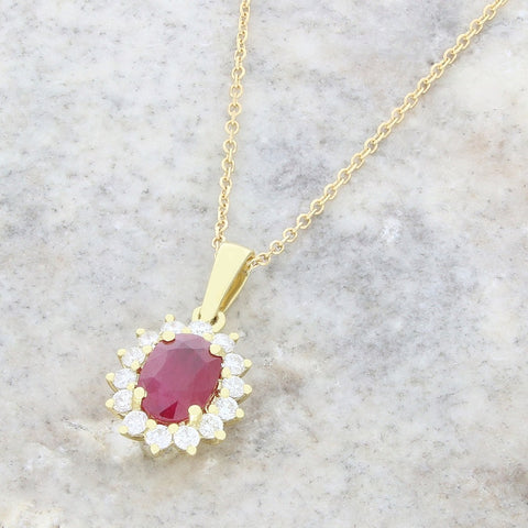 18ct Yellow Gold 1.27ct Ruby and 0.26ct Diamond Cluster Pendant and Chain