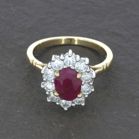 9ct Yellow Gold Ruby and 1.00ct Diamond Cluster Ring | H&H Jewellers