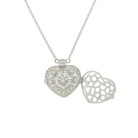 Sterling Silver Cubic Zirconia Ladies Heart Locket and Chain