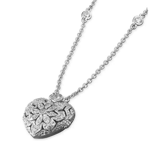 Sterling Silver Cubic Zirconia Ladies Heart Locket and Chain