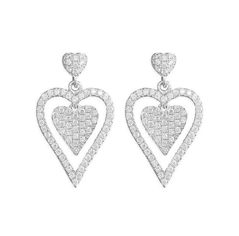 Sterling Silver Cubic Zirconia Double Heart Ladies Drop Earrings