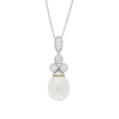 Sterling Silver Freshwater Pearl Cubic Zirconia Ladies Necklace