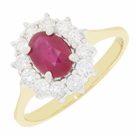 18ct Yellow Gold Oval 1.10ct Ruby and 0.55ct Diamond Cluster Ring