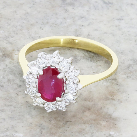 18ct Yellow Gold Oval 1.10ct Ruby and 0.55ct Diamond Cluster Ring