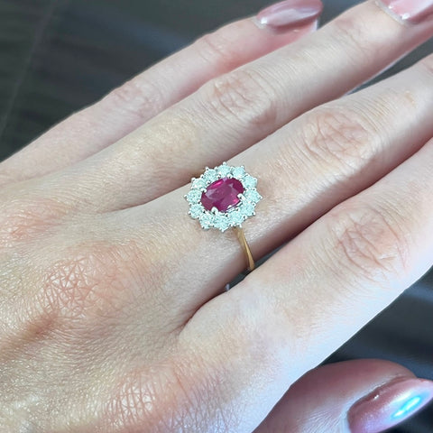 18ct Yellow Gold Oval 1.10ct Ruby and 0.55ct Diamond Cluster Ring