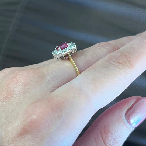 18ct Yellow Gold Oval 1.10ct Ruby and 0.55ct Diamond Cluster Ring