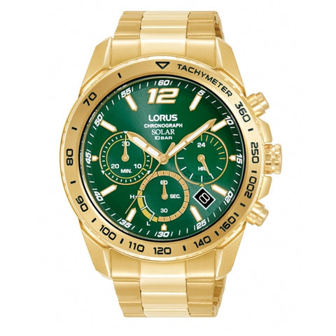 Lorus Green Dial Gold Plated Solar Chronograph Mens Watch RZ514AX9