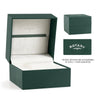 Green Rotary watch box with white interior on a white background