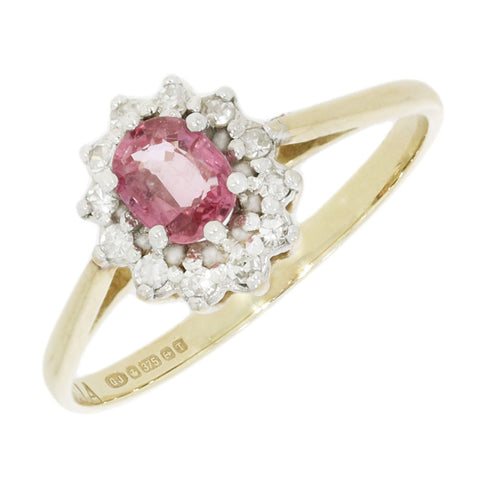 9ct Yellow Gold Pink Sapphire and Diamond Cluster Ring