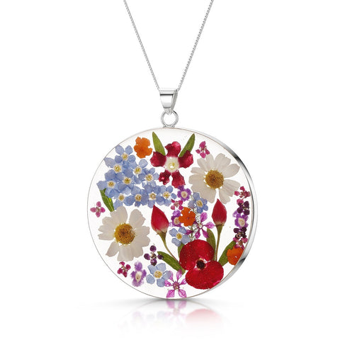 Shrieking Violet Real Flower Large Round Silver Pendant MP55