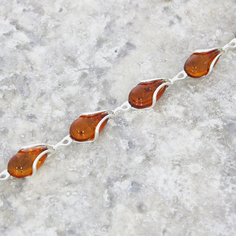 Amber Teardrop Sterling Silver Ladies Link Bracelet