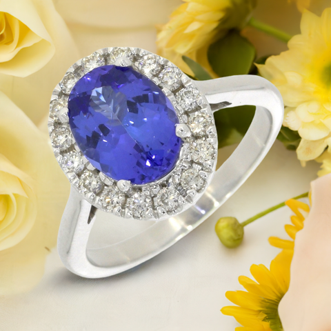 14ct White Gold 1.87cts Tanzanite and 0.35cts Diamond Cluster Ring | H&H